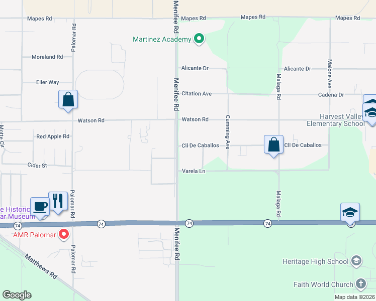 map of restaurants, bars, coffee shops, grocery stores, and more near 29041 Calle De Caballos in Menifee