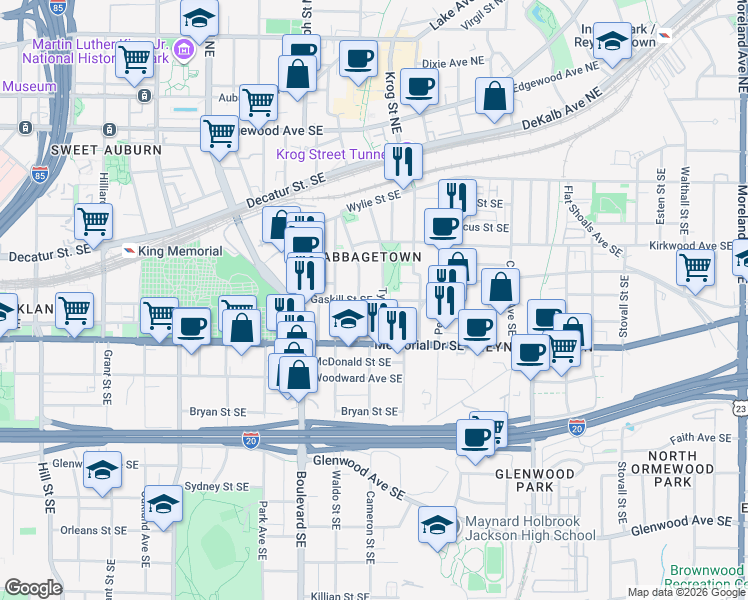 map of restaurants, bars, coffee shops, grocery stores, and more near Gaskill Street Southeast in Atlanta