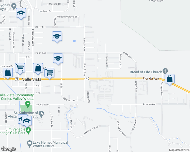 map of restaurants, bars, coffee shops, grocery stores, and more near 44618 California 74 in Hemet