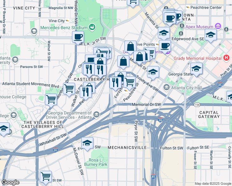 map of restaurants, bars, coffee shops, grocery stores, and more near 241 Forsyth Street Southwest in Atlanta