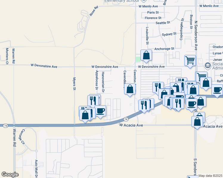 map of restaurants, bars, coffee shops, grocery stores, and more near 4423 Fox Trot Circle in Hemet