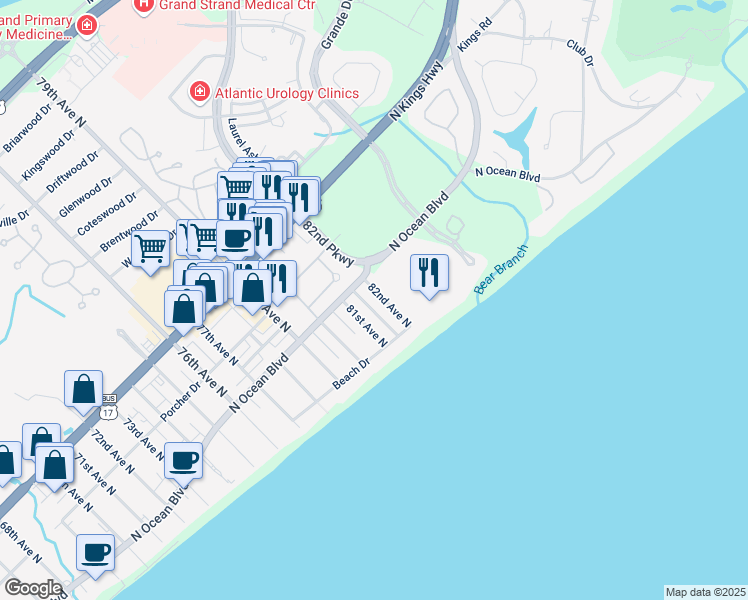 map of restaurants, bars, coffee shops, grocery stores, and more near 211 82nd Avenue North in Myrtle Beach