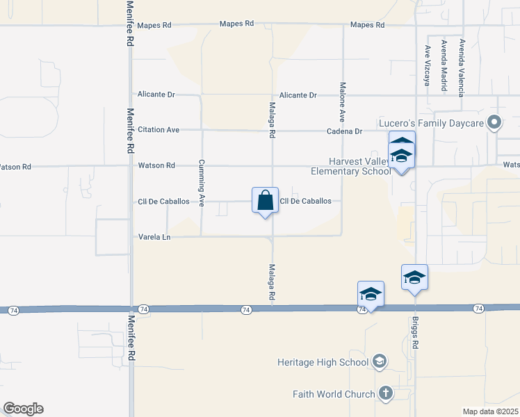 map of restaurants, bars, coffee shops, grocery stores, and more near 25675 Malaga Road in Menifee