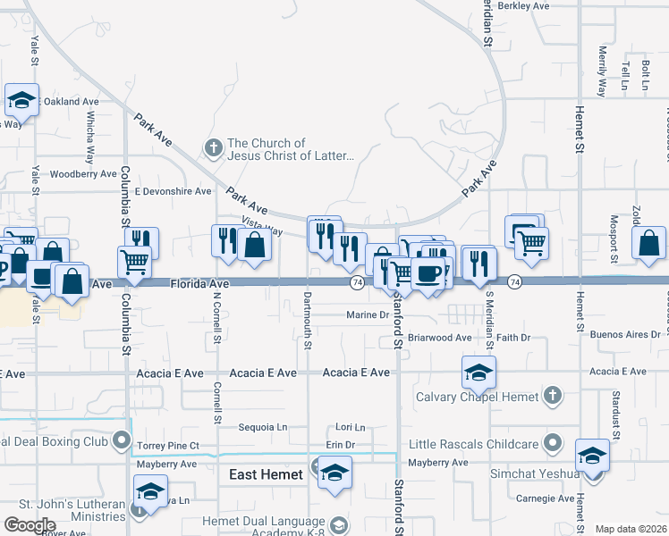map of restaurants, bars, coffee shops, grocery stores, and more near 3410 East Florida Avenue in Hemet
