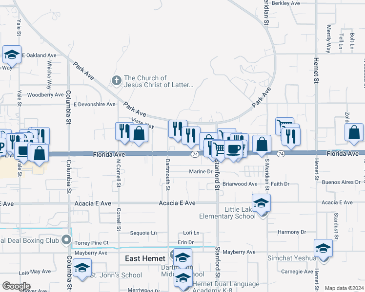 map of restaurants, bars, coffee shops, grocery stores, and more near 3410 East Florida Avenue in Hemet