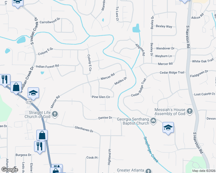 map of restaurants, bars, coffee shops, grocery stores, and more near 1683 Pine Glen Circle in Decatur