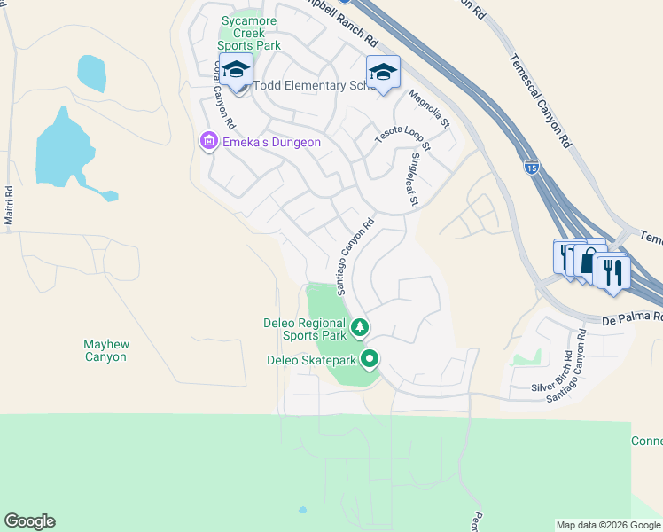 map of restaurants, bars, coffee shops, grocery stores, and more near 25600 Hyacinth Street in Corona