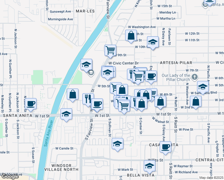 map of restaurants, bars, coffee shops, grocery stores, and more near 810 North Sullivan Street in Santa Ana