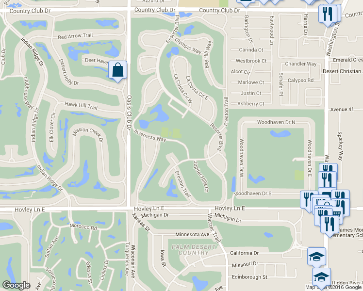map of restaurants, bars, coffee shops, grocery stores, and more near 41447 Inverness Way in Palm Desert