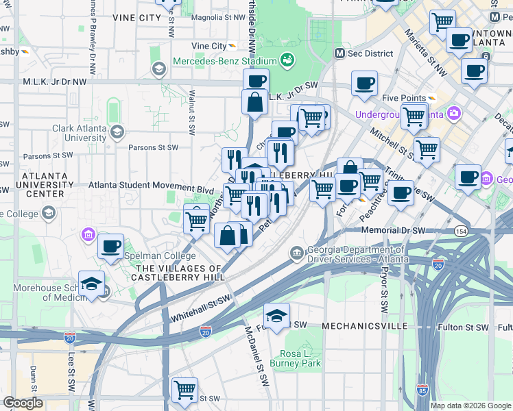map of restaurants, bars, coffee shops, grocery stores, and more near 238 Walker Street Southwest in Atlanta