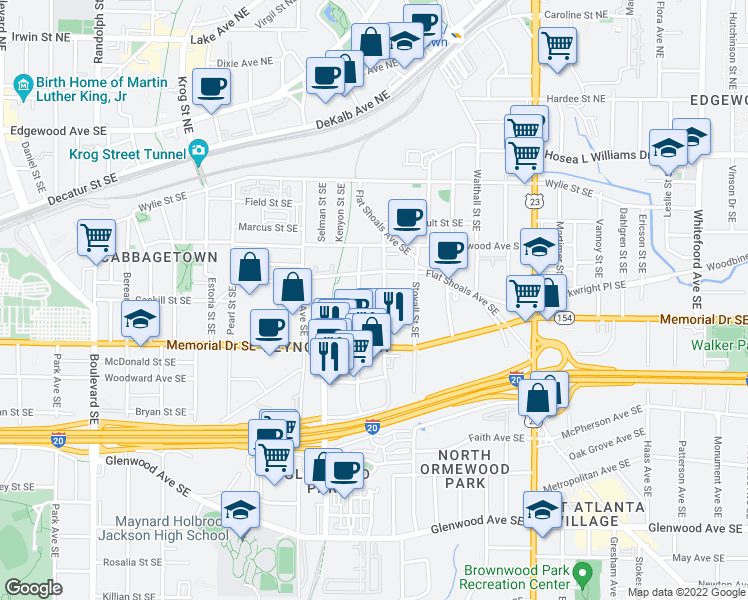 map of restaurants, bars, coffee shops, grocery stores, and more near 953 Cummings Street Southeast in Atlanta