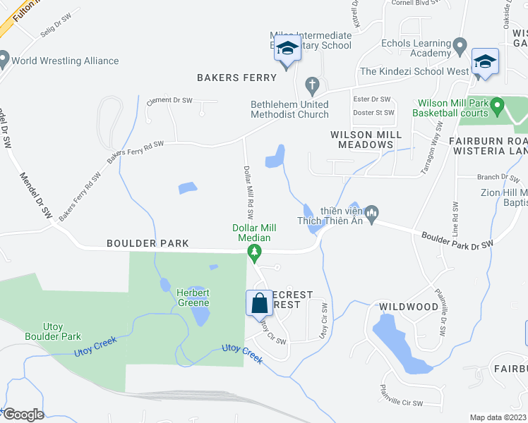 map of restaurants, bars, coffee shops, grocery stores, and more near 224 Dollar Mill Road Southwest in Atlanta