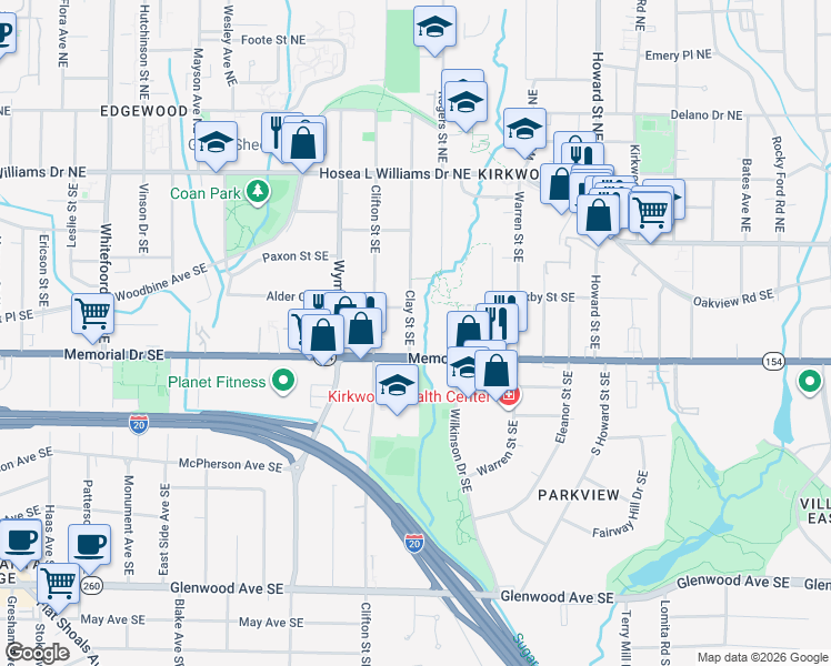 map of restaurants, bars, coffee shops, grocery stores, and more near 178 Clay Street Southeast in Atlanta