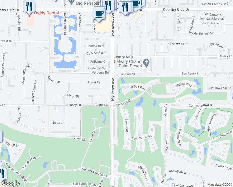 map of restaurants, bars, coffee shops, grocery stores, and more near 120 Las Lomas in Palm Desert