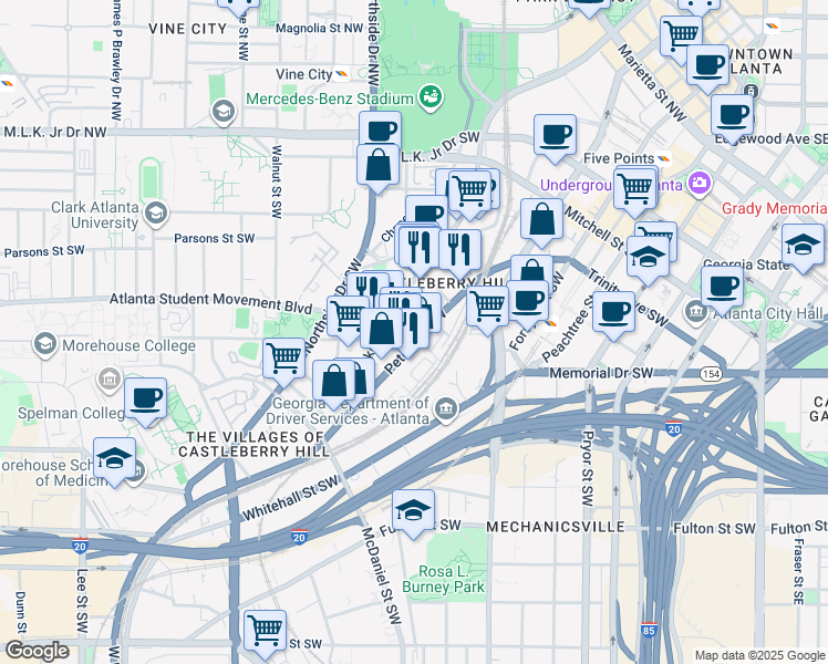 map of restaurants, bars, coffee shops, grocery stores, and more near 237 Peters Street Southwest in Atlanta