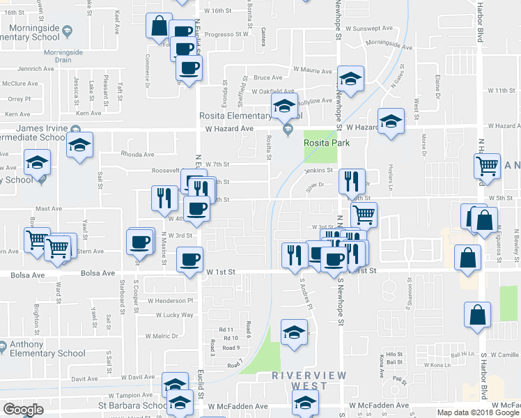 map of restaurants, bars, coffee shops, grocery stores, and more near 4902 West 5th Street in Santa Ana