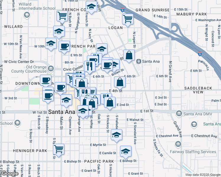 map of restaurants, bars, coffee shops, grocery stores, and more near 100 South Zoo Lane in Santa Ana