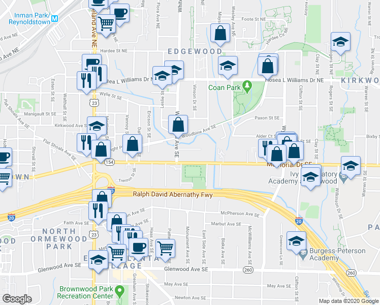 map of restaurants, bars, coffee shops, grocery stores, and more near 1419 Vaughn Street Southeast in Atlanta