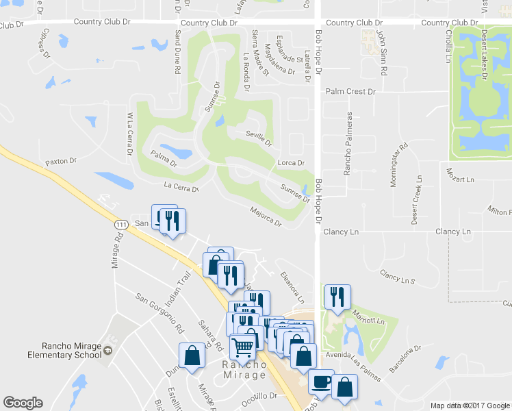 map of restaurants, bars, coffee shops, grocery stores, and more near 42 Majorca Drive in Rancho Mirage