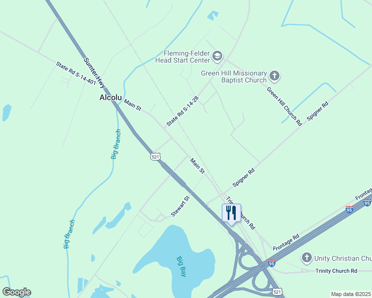 map of restaurants, bars, coffee shops, grocery stores, and more near 1682 Main Street in Alcolu