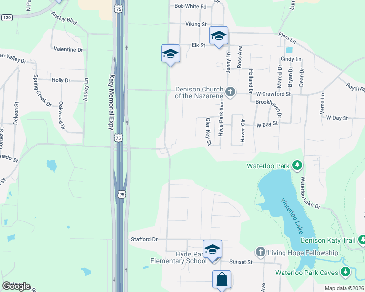 map of restaurants, bars, coffee shops, grocery stores, and more near 10 Village Green Court in Denison