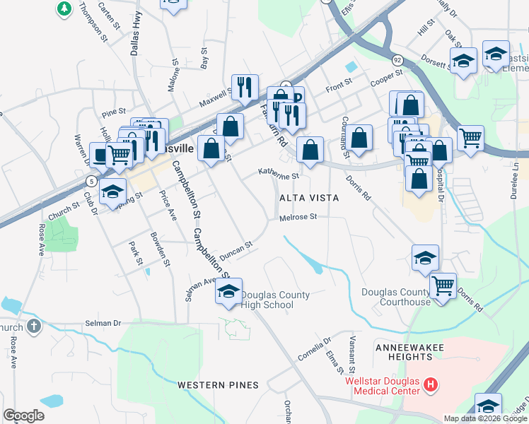 map of restaurants, bars, coffee shops, grocery stores, and more near 8515 Lynn Avenue in Douglasville
