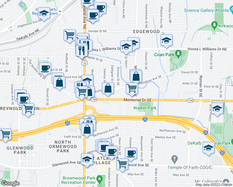 map of restaurants, bars, coffee shops, grocery stores, and more near 1300 Memorial Drive Southeast in Atlanta