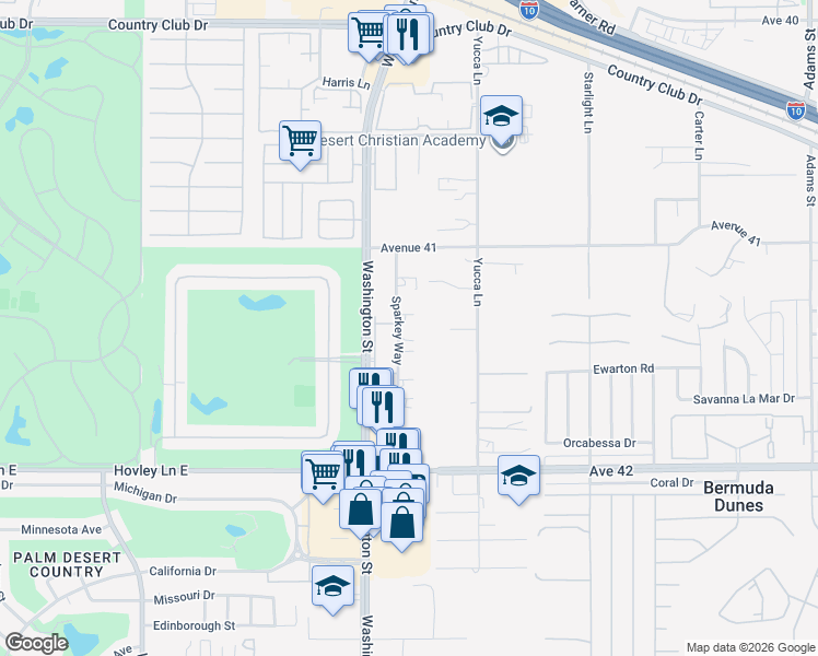 map of restaurants, bars, coffee shops, grocery stores, and more near 41330 Sparkey Way in Bermuda Dunes