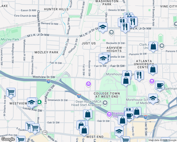 map of restaurants, bars, coffee shops, grocery stores, and more near 245 Rosser Street Southwest in Atlanta