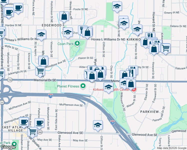 map of restaurants, bars, coffee shops, grocery stores, and more near 1585 Stone Gate Lane Southeast in Atlanta