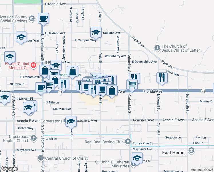 map of restaurants, bars, coffee shops, grocery stores, and more near 2164 East Florida Avenue in Hemet