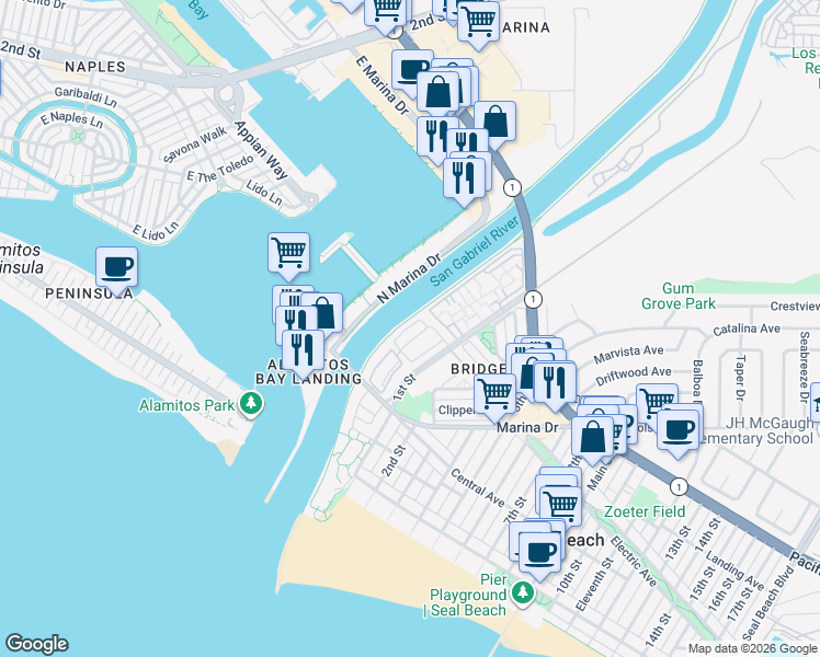map of restaurants, bars, coffee shops, grocery stores, and more near 41 Riversea Road in Seal Beach