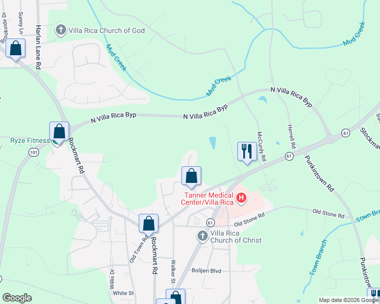 map of restaurants, bars, coffee shops, grocery stores, and more near 566 Vandenburg Drive in Villa Rica