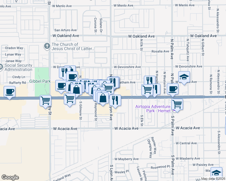 map of restaurants, bars, coffee shops, grocery stores, and more near 250 South Lyon Avenue in Hemet