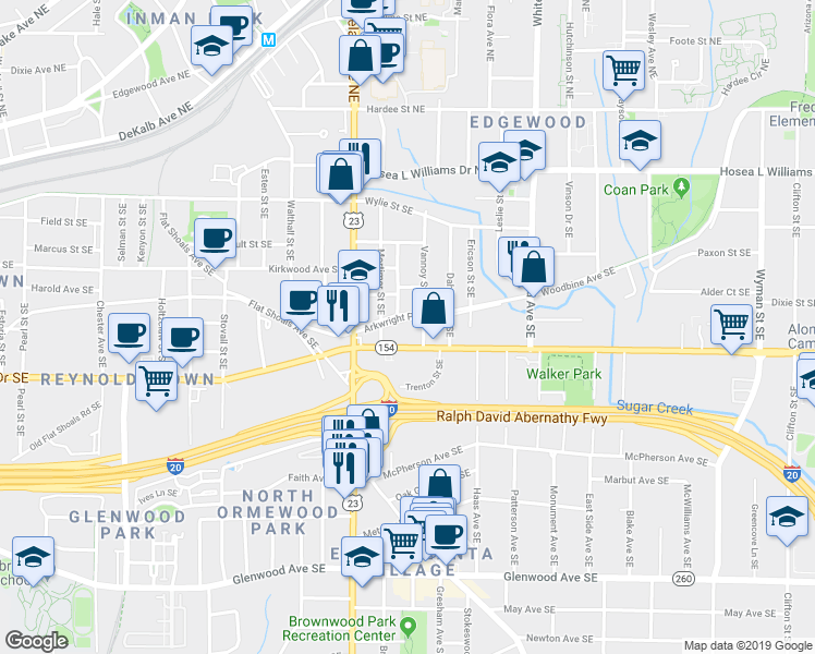 map of restaurants, bars, coffee shops, grocery stores, and more near 1237 Arkwright Place Southeast in Atlanta
