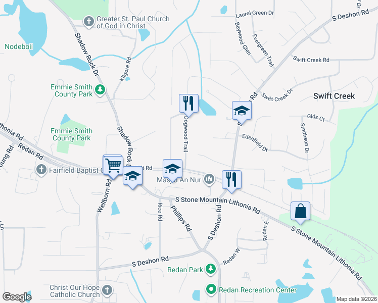 map of restaurants, bars, coffee shops, grocery stores, and more near 6384 Dogwood Trail in Lithonia