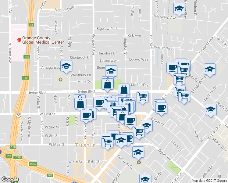 map of restaurants, bars, coffee shops, grocery stores, and more near 17880 Irvine Boulevard in Tustin