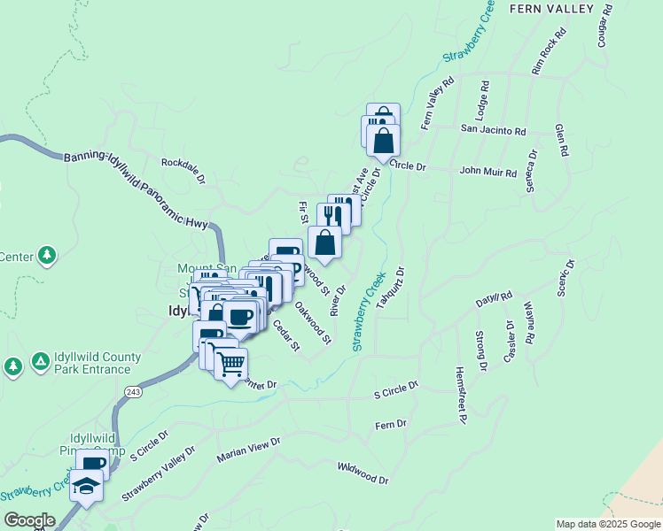map of restaurants, bars, coffee shops, grocery stores, and more near 54590 North Circle Drive in Idyllwild-Pine Cove