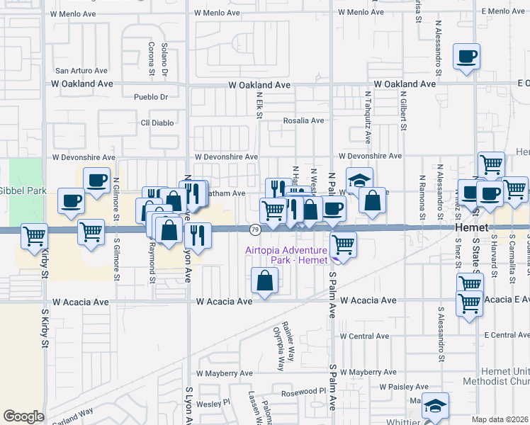 map of restaurants, bars, coffee shops, grocery stores, and more near 1319 West Latham Avenue in Hemet