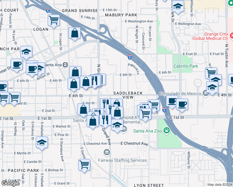 map of restaurants, bars, coffee shops, grocery stores, and more near 412 North Linwood Avenue in Santa Ana