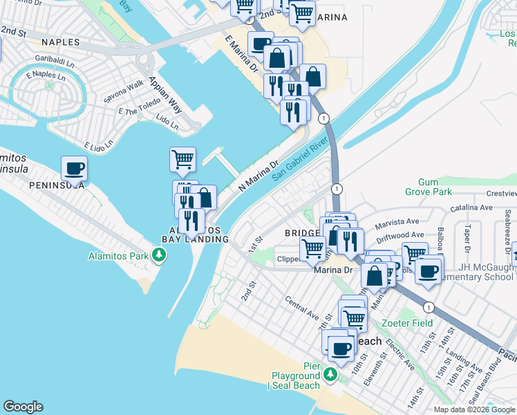 map of restaurants, bars, coffee shops, grocery stores, and more near 41 Riversea Road in Seal Beach