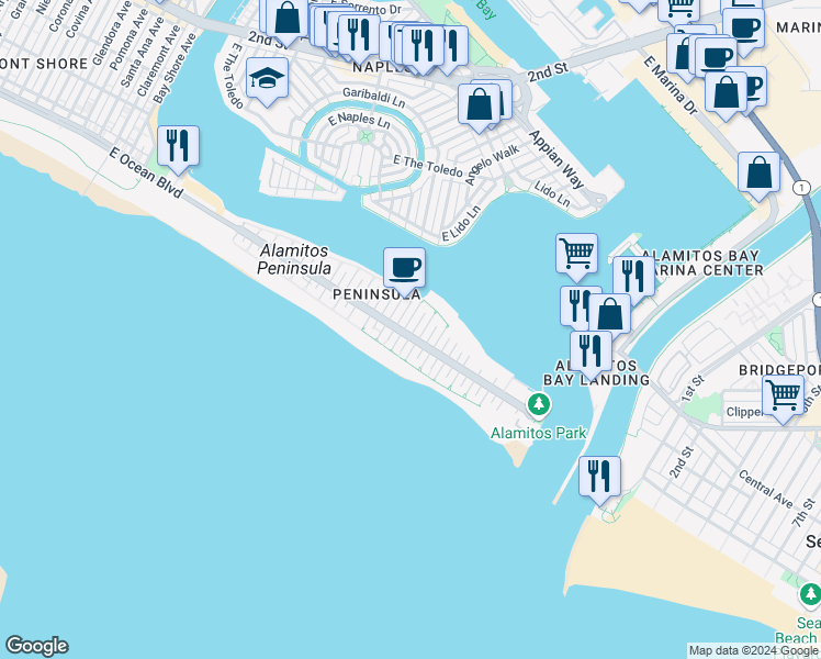 map of restaurants, bars, coffee shops, grocery stores, and more near 53 63rd Place in Long Beach