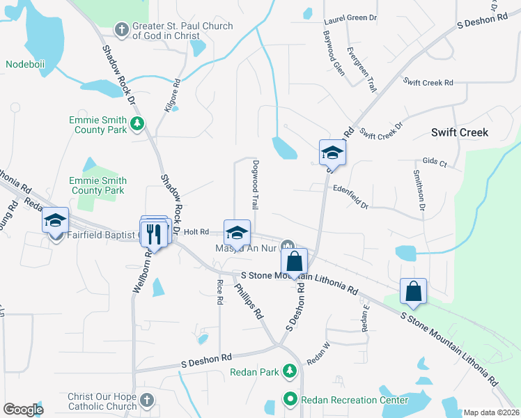 map of restaurants, bars, coffee shops, grocery stores, and more near 6384 Dogwood Trail in Lithonia