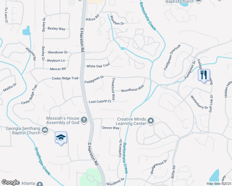 map of restaurants, bars, coffee shops, grocery stores, and more near 4845 Woodhurst Way in Stone Mountain