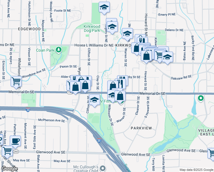 map of restaurants, bars, coffee shops, grocery stores, and more near 1811 Dixie Street Southeast in Atlanta