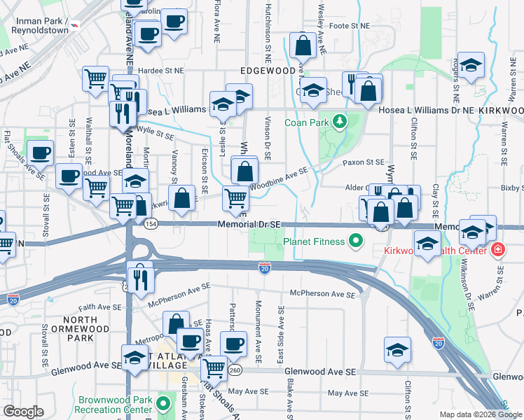 map of restaurants, bars, coffee shops, grocery stores, and more near 1419 Vaughn Street Southeast in Atlanta