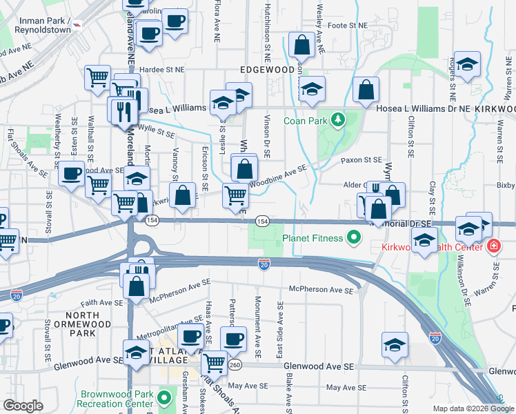 map of restaurants, bars, coffee shops, grocery stores, and more near 154 Whitefoord Avenue Southeast in Atlanta
