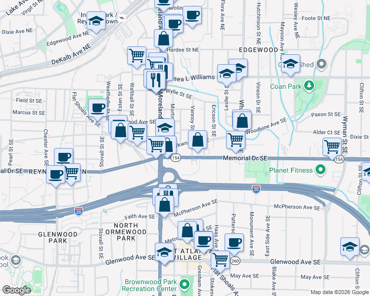 map of restaurants, bars, coffee shops, grocery stores, and more near 1237 Arkwright Place Southeast in Atlanta