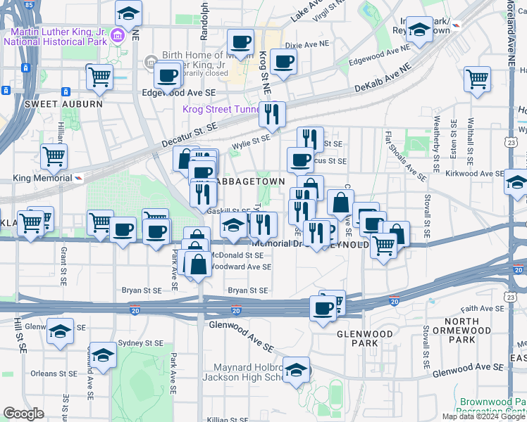 map of restaurants, bars, coffee shops, grocery stores, and more near 201 Tye Street Southeast in Atlanta