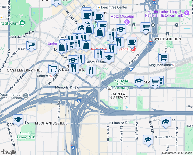 map of restaurants, bars, coffee shops, grocery stores, and more near 40 Capitol Square Southwest in Atlanta